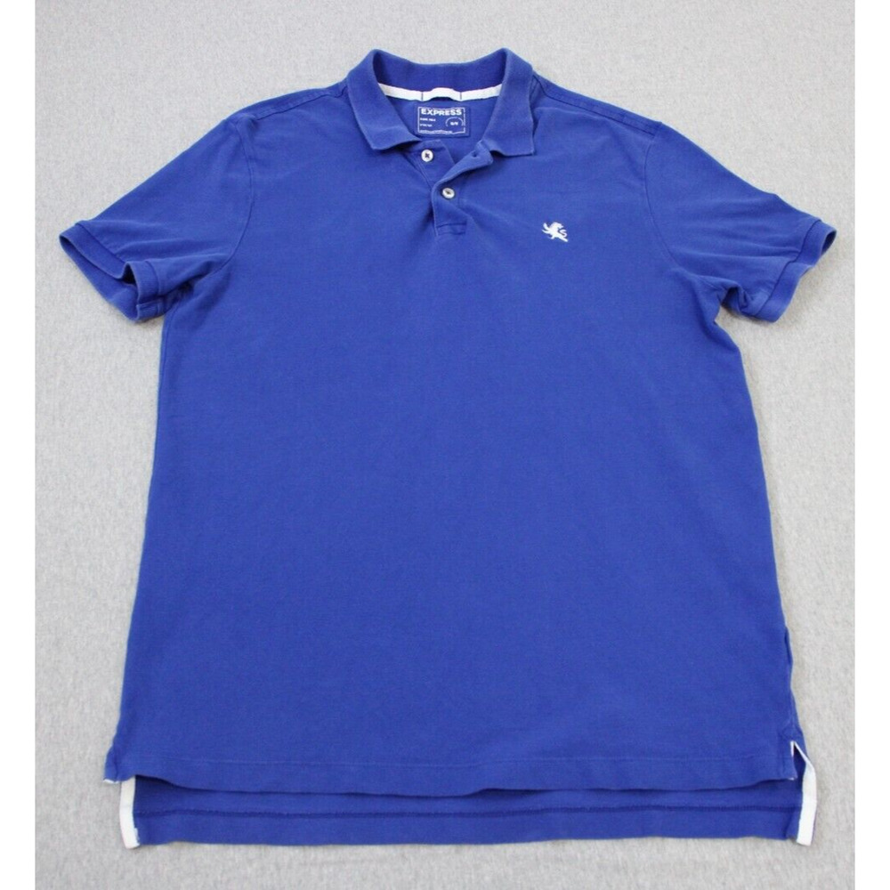 Express Polo Mens Medium Blue Cotton Blend Stretch Short Sleeve Logo